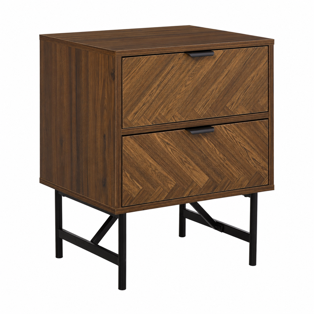 Bedside Table – 2 Drawers, Herringbone-Pattern Front, Metal Handles, Walnut-Effect