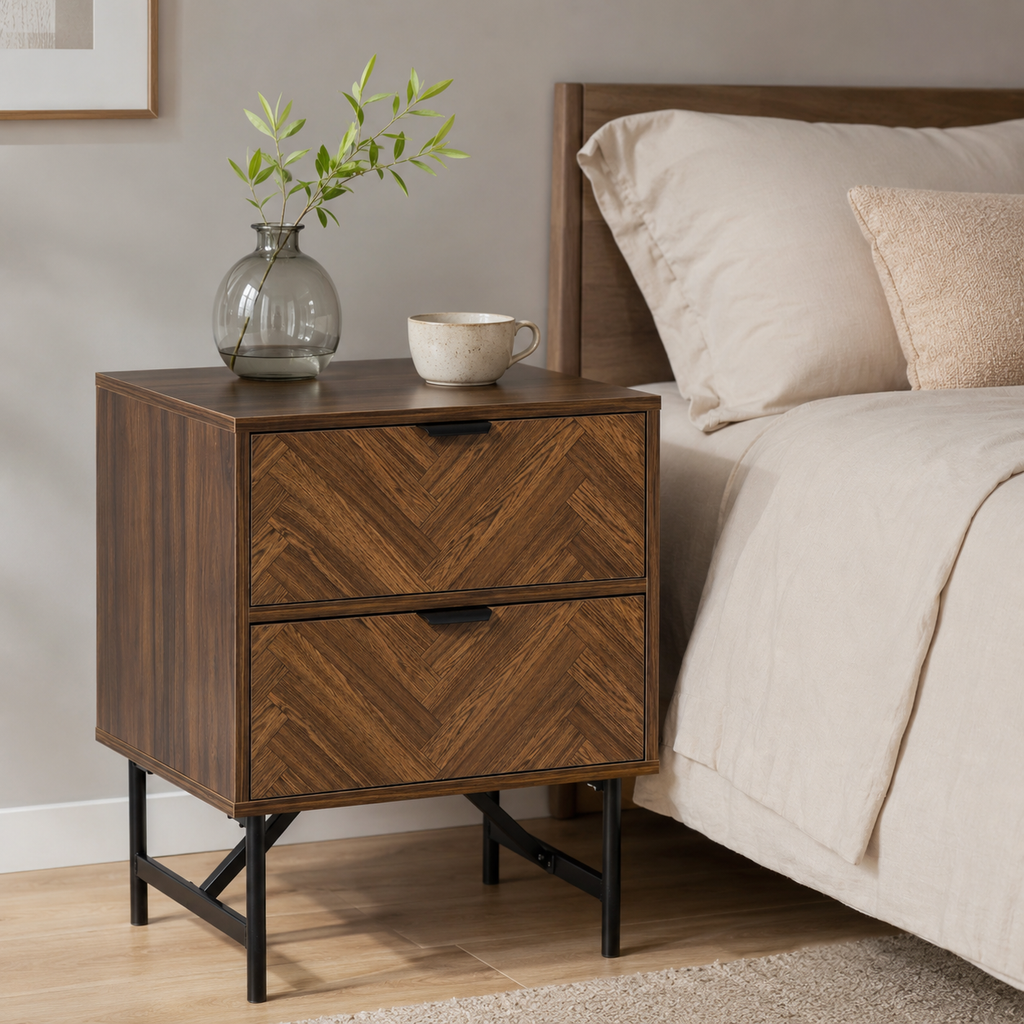 Bedside Table – 2 Drawers, Herringbone-Pattern Front, Metal Handles, Walnut-Effect
