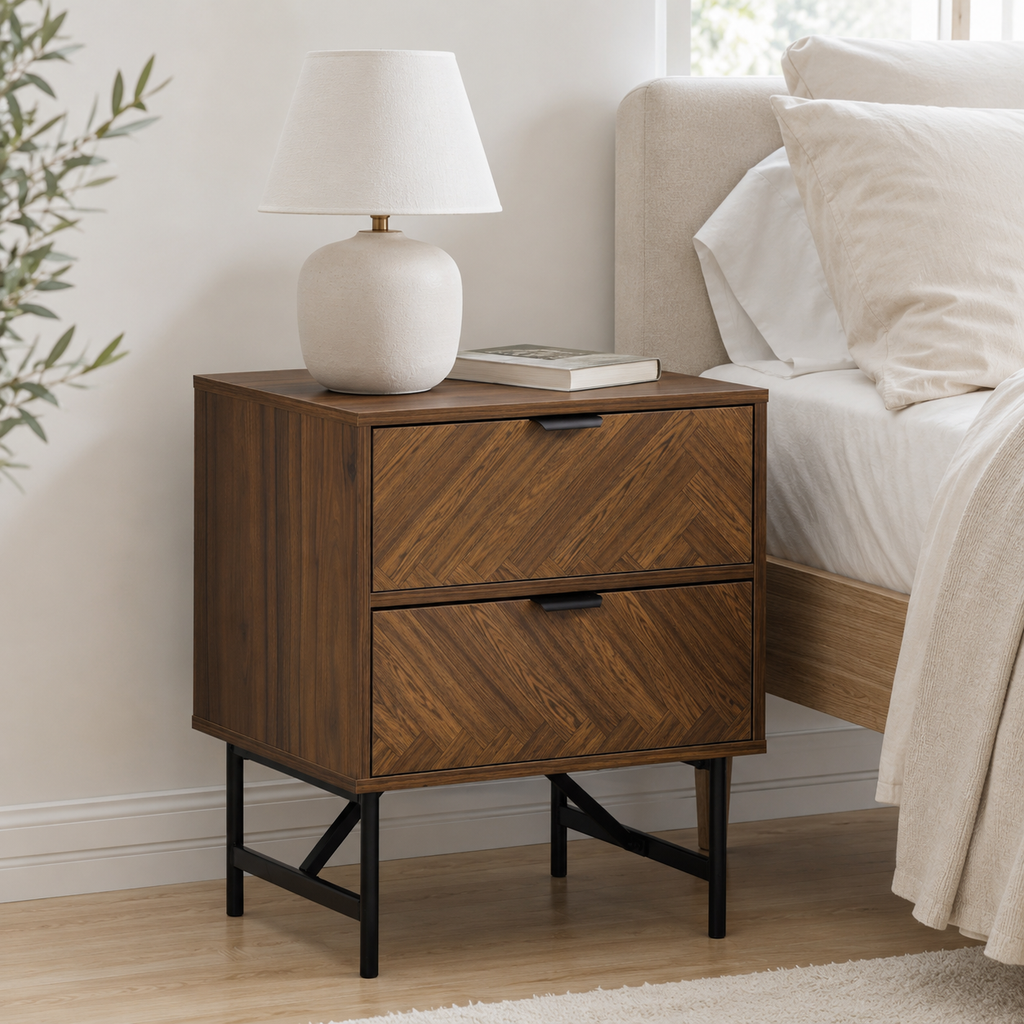 Bedside Table – 2 Drawers, Herringbone-Pattern Front, Metal Handles, Walnut-Effect