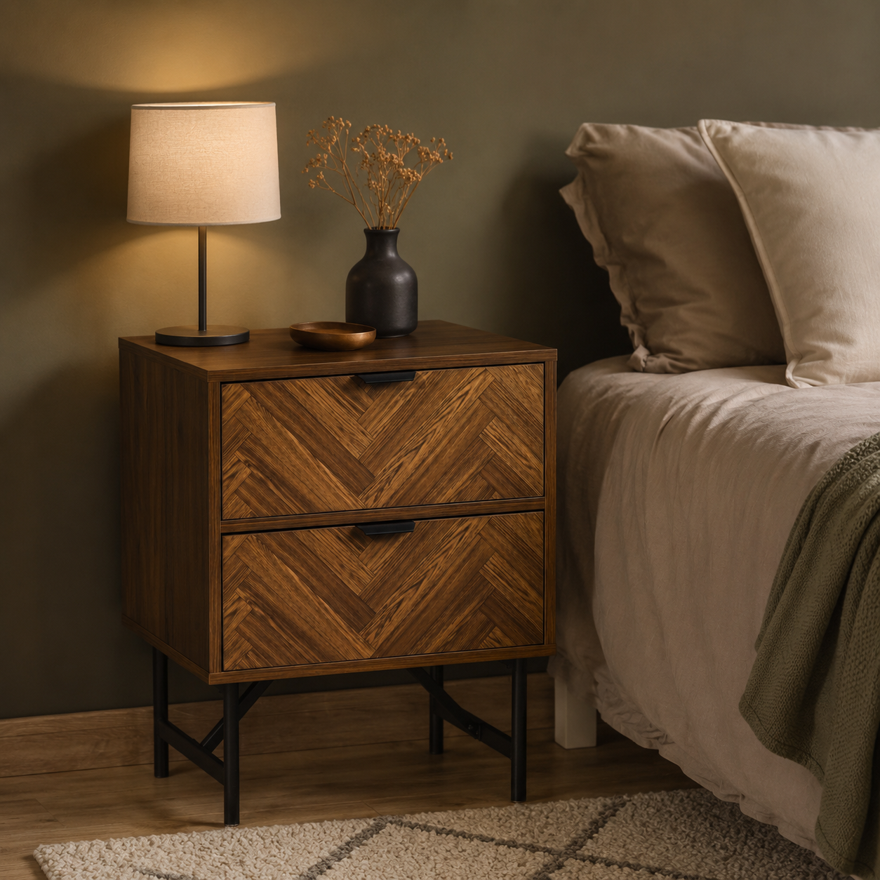 Bedside Table – 2 Drawers, Herringbone-Pattern Front, Metal Handles, Walnut-Effect