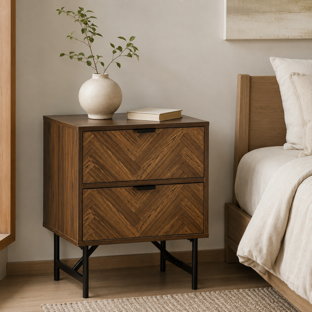Bedside Table – 2 Drawers, Herringbone-Pattern Front, Metal Handles, Walnut-Effect
