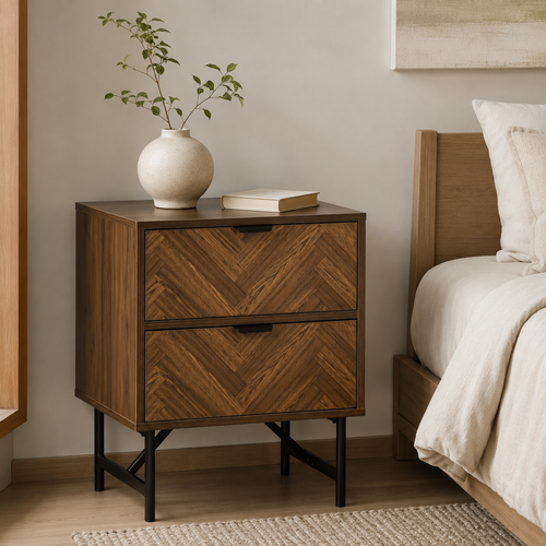 Bedside Table – 2 Drawers, Herringbone-Pattern Front, Metal Handles, Walnut-Effect