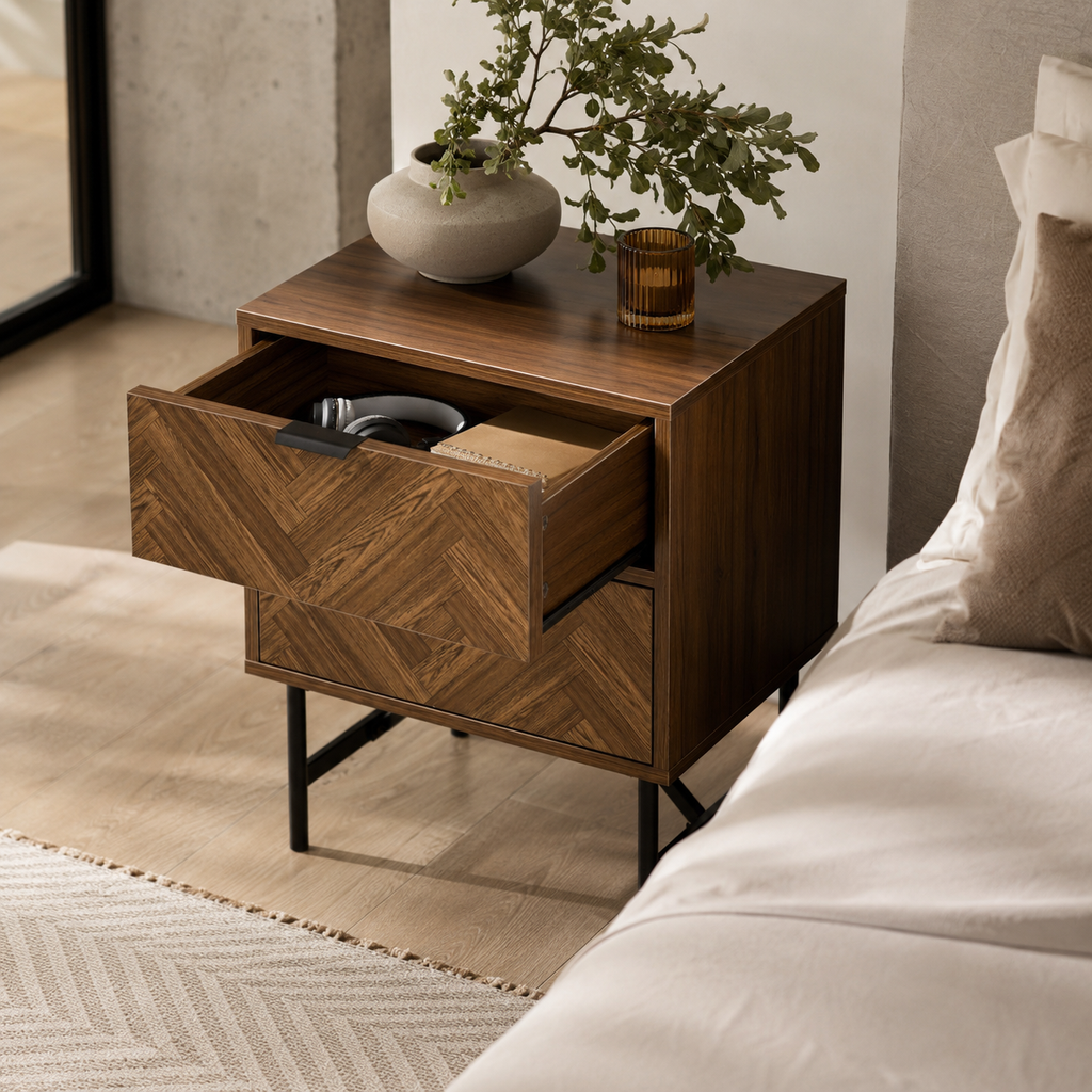 Bedside Table – 2 Drawers, Herringbone-Pattern Front, Metal Handles, Walnut-Effect