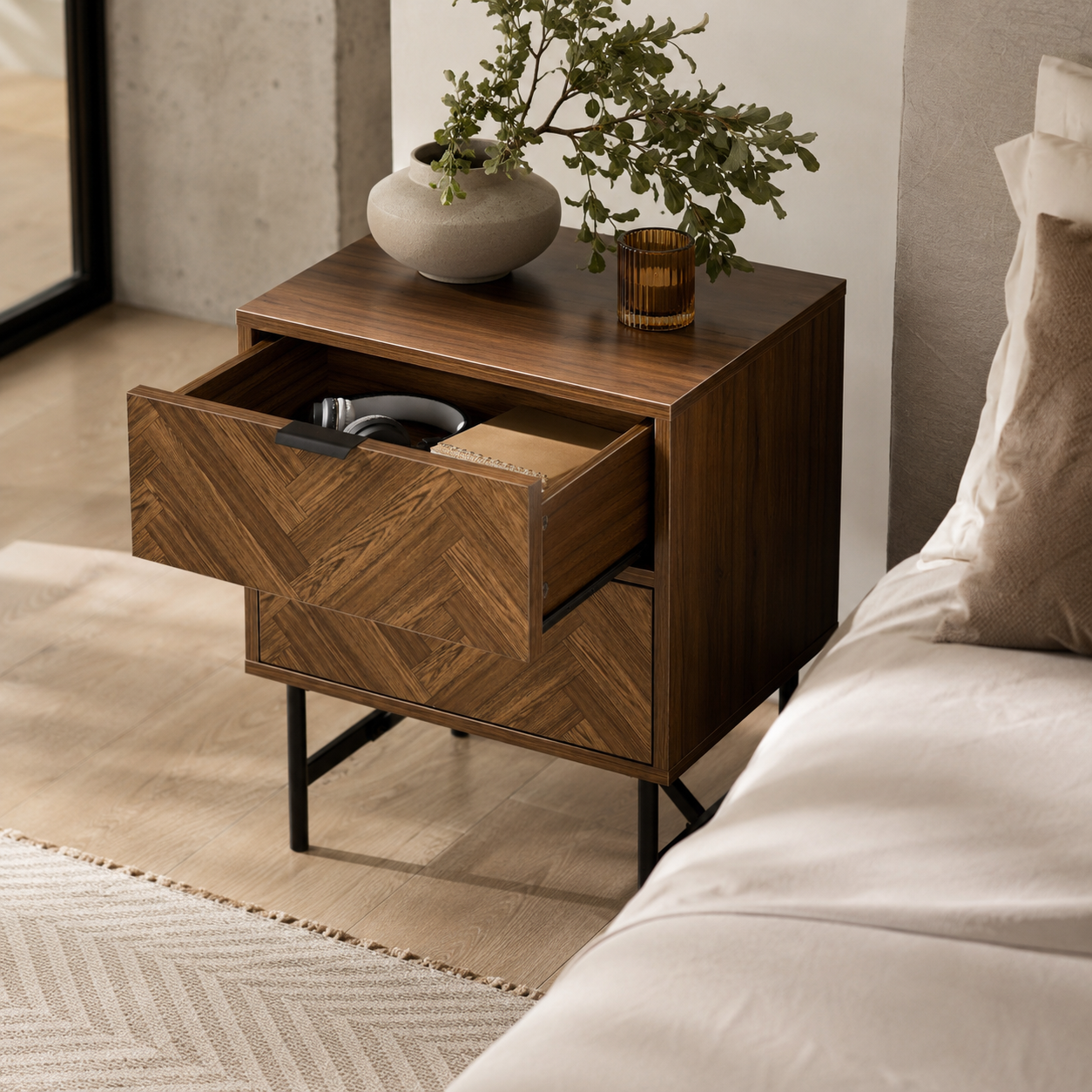 Bedside Table – 2 Drawers, Herringbone-Pattern Front, Metal Handles, Walnut-Effect