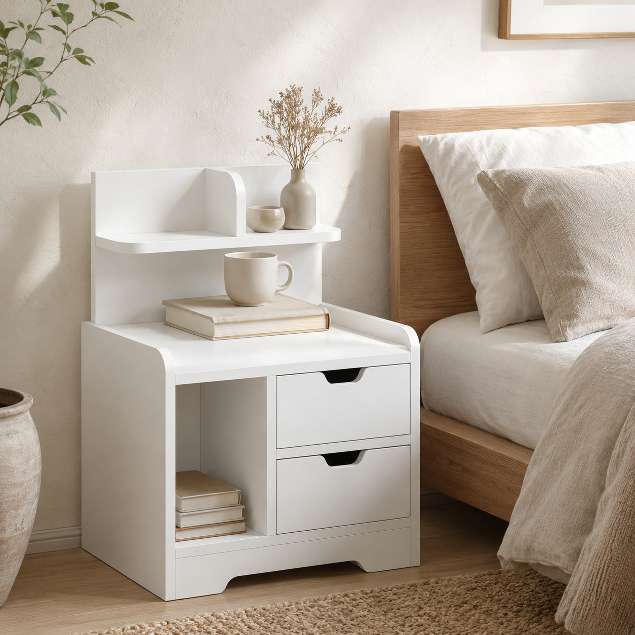 Bedside Table with 2 Drawers & Open Shelves – Particle Board, White, 40×30×60cm