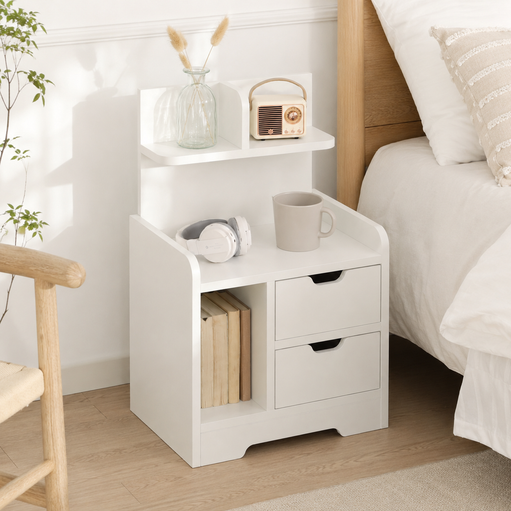 Bedside Table with 2 Drawers & Open Shelves – Particle Board, White, 40×30×60cm