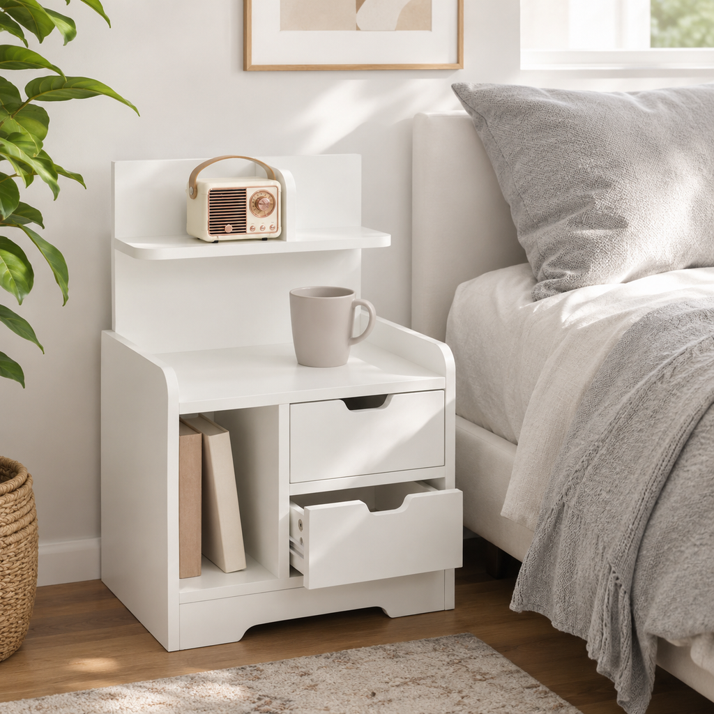 Bedside Table with 2 Drawers & Open Shelves – Particle Board, White, 40×30×60cm