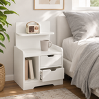 Bedside Table with 2 Drawers & Open Shelves – Particle Board, White, 40×30×60cm