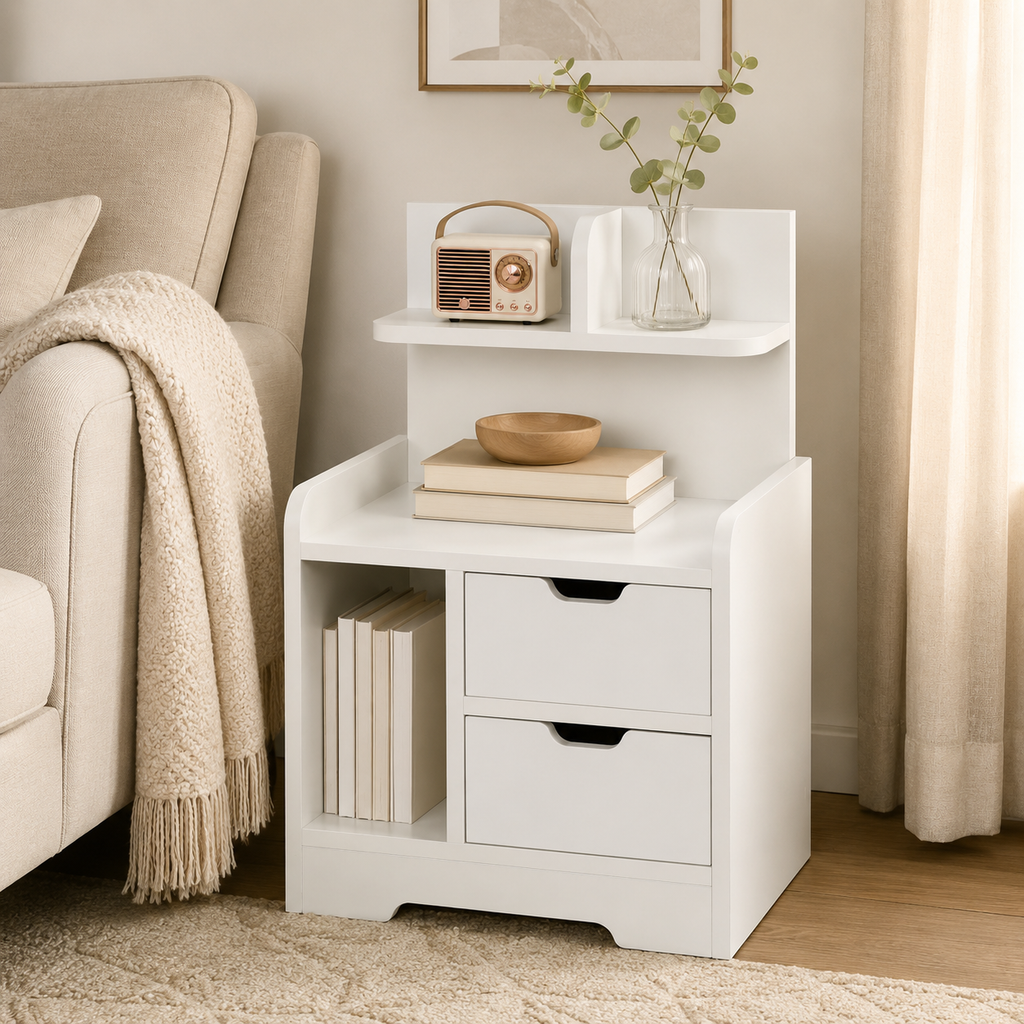 Bedside Table with 2 Drawers & Open Shelves – Particle Board, White, 40×30×60cm