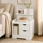 Bedside Table with 2 Drawers & Open Shelves – Particle Board, White, 40×30×60cm