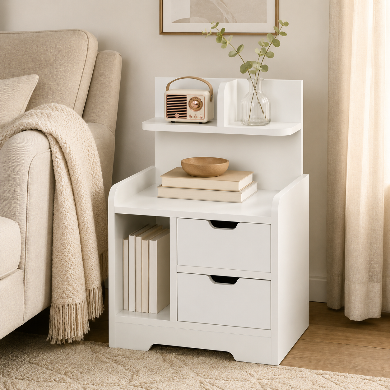 Bedside Table with 2 Drawers & Open Shelves – Particle Board, White, 40×30×60cm