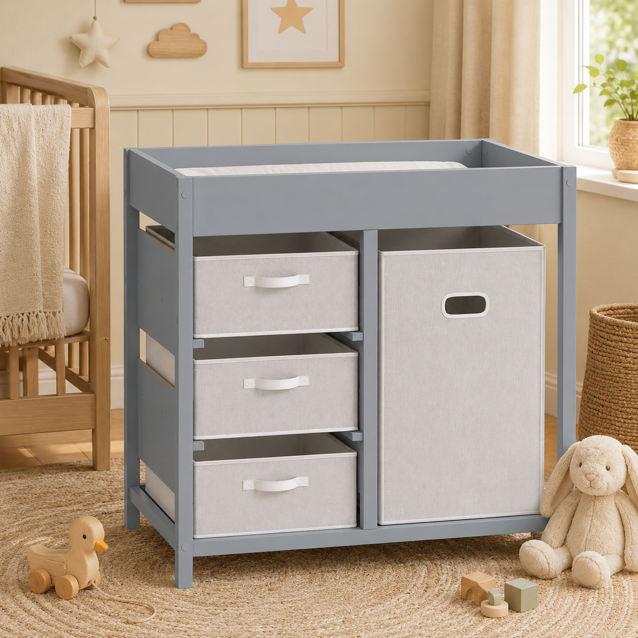 Baby Changing Unit with 4 Drawers & Padded Changing Mat – Plywood, Grey, 84×48.5×84.5cm