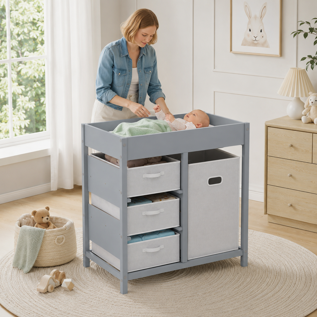 Baby Changing Unit with 4 Drawers & Padded Changing Mat – Plywood, Grey, 84×48.5×84.5cm