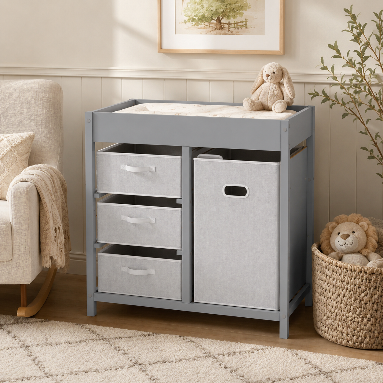 Baby Changing Unit with 4 Drawers & Padded Changing Mat – Plywood, Grey, 84×48.5×84.5cm