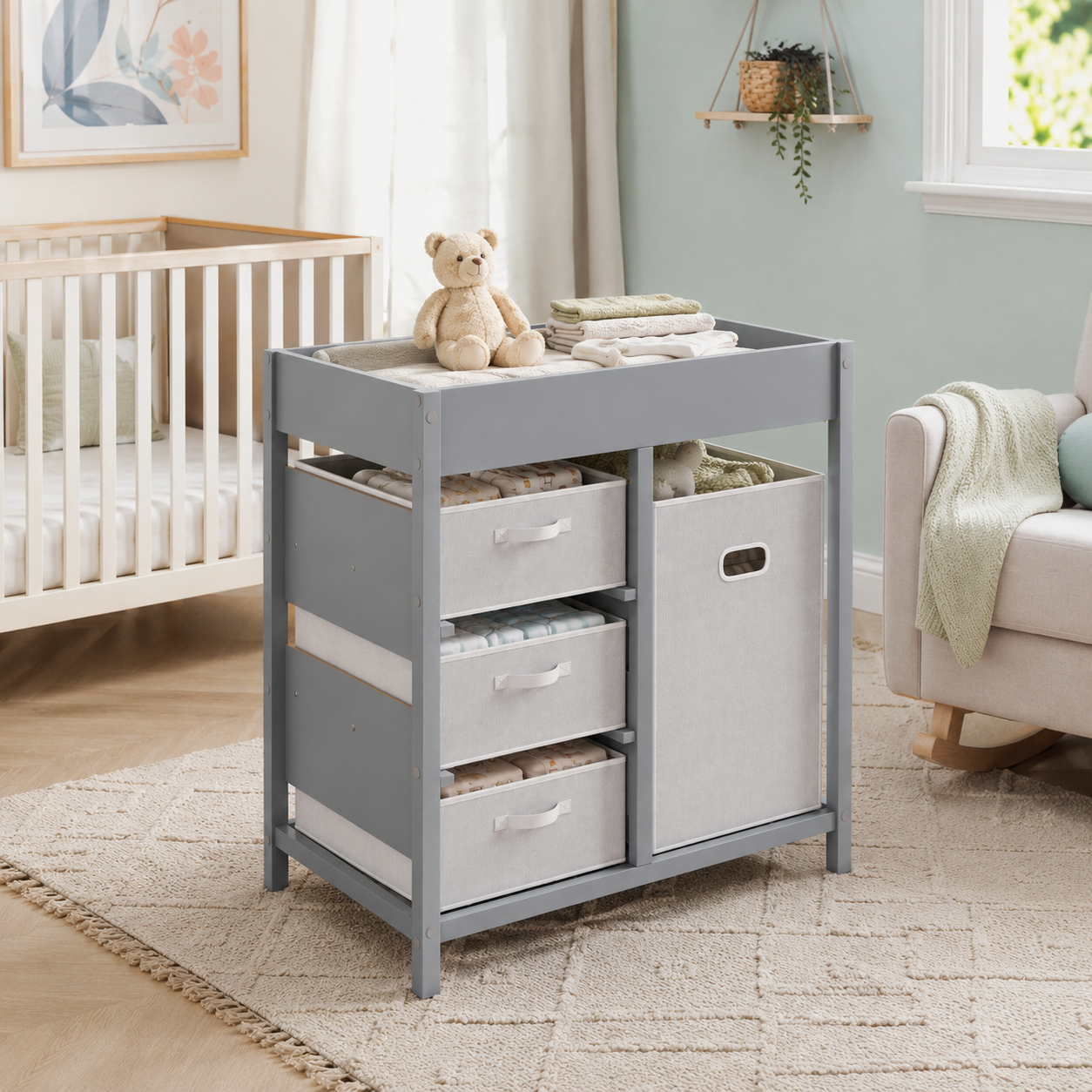 Baby Changing Unit with 4 Drawers & Padded Changing Mat – Plywood, Grey, 84×48.5×84.5cm