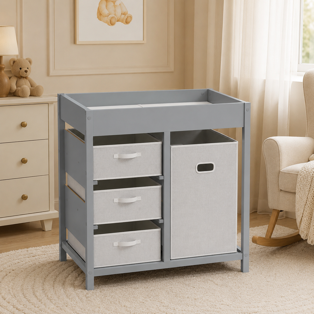 Baby Changing Unit with 4 Drawers & Padded Changing Mat – Plywood, Grey, 84×48.5×84.5cm