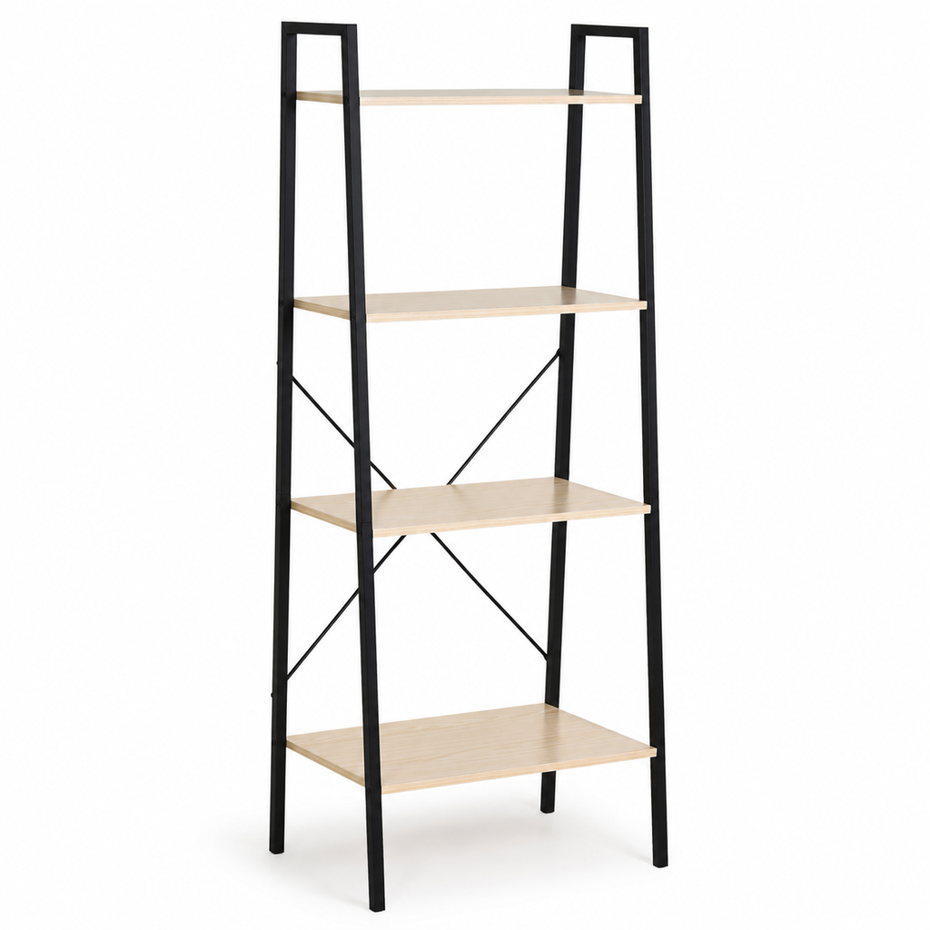 4-Tier Ladder Shelf with Industrial Steel Frame – MDF & Steel, Oak & Black, 60×37.5×145cm