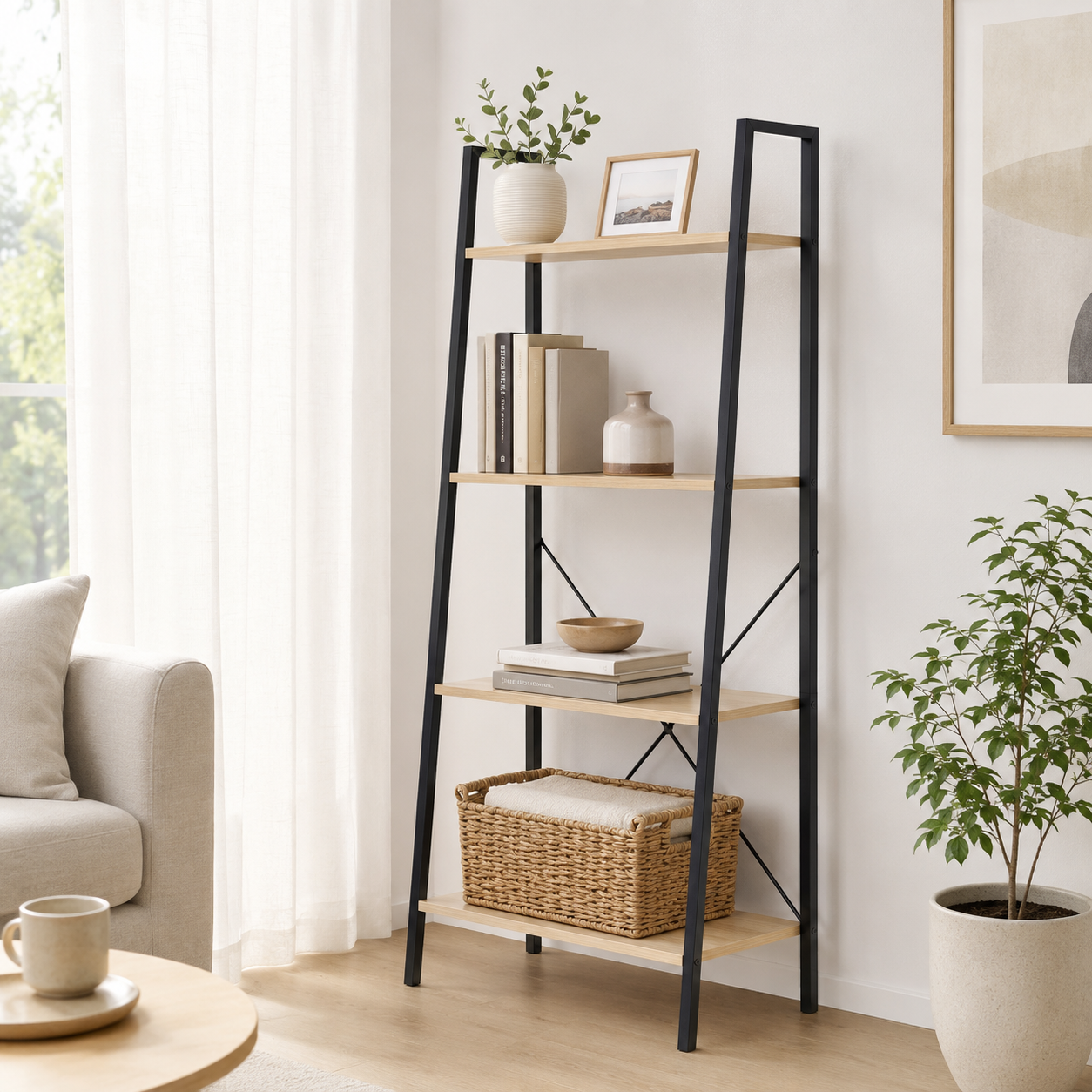 4-Tier Ladder Shelf with Industrial Steel Frame – MDF & Steel, Oak & Black, 60×37.5×145cm