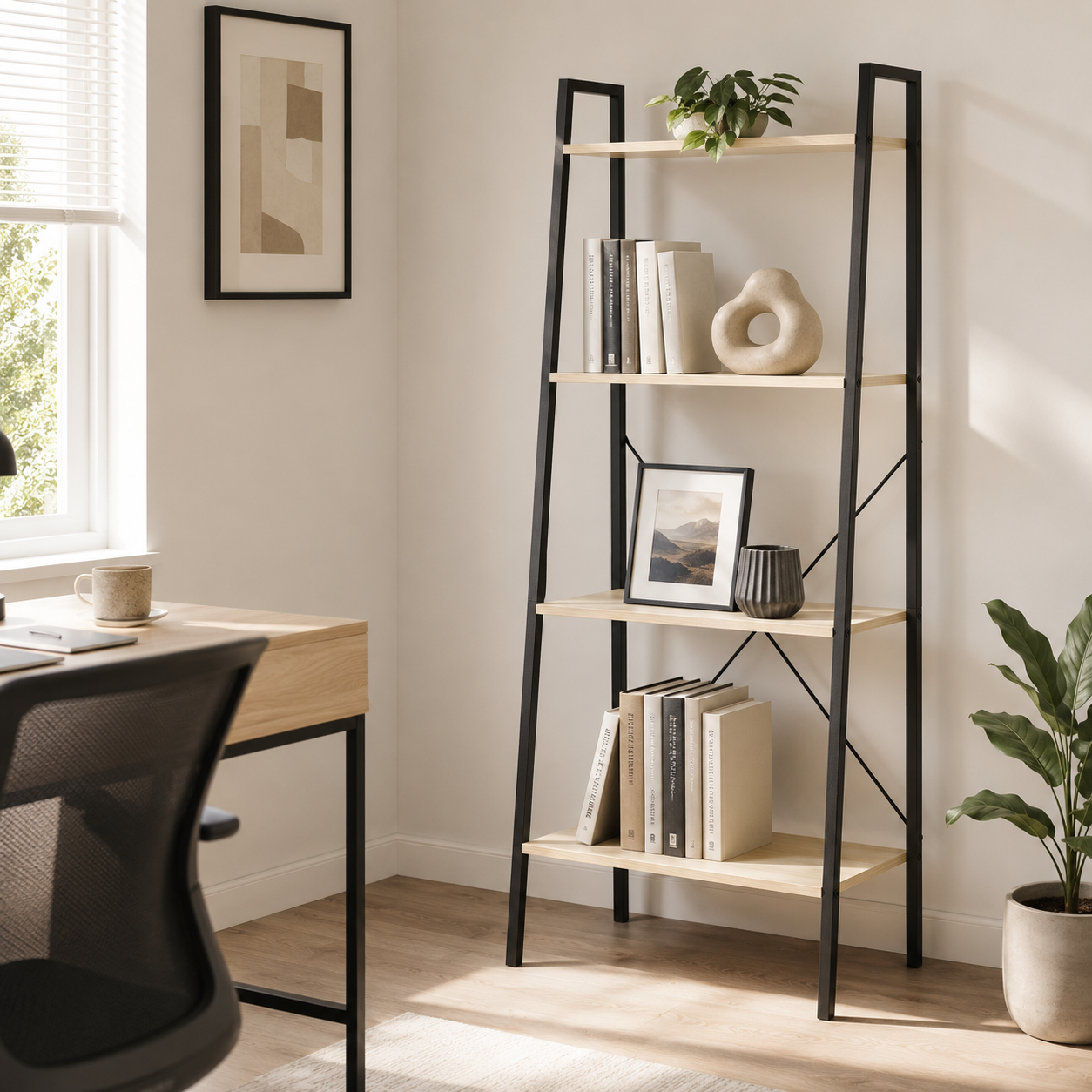 4-Tier Ladder Shelf with Industrial Steel Frame – MDF & Steel, Oak & Black, 60×37.5×145cm