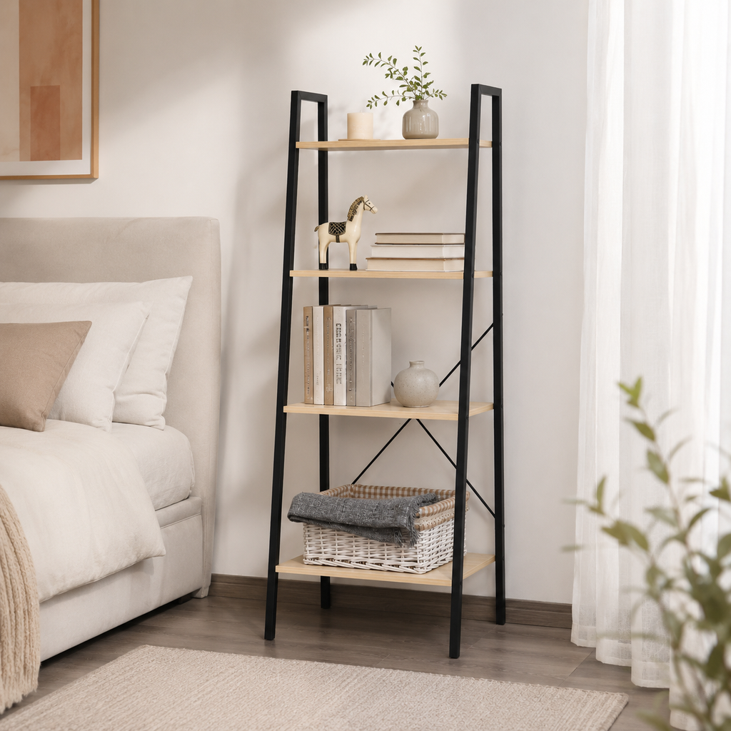 4-Tier Ladder Shelf with Industrial Steel Frame – MDF & Steel, Oak & Black, 60×37.5×145cm