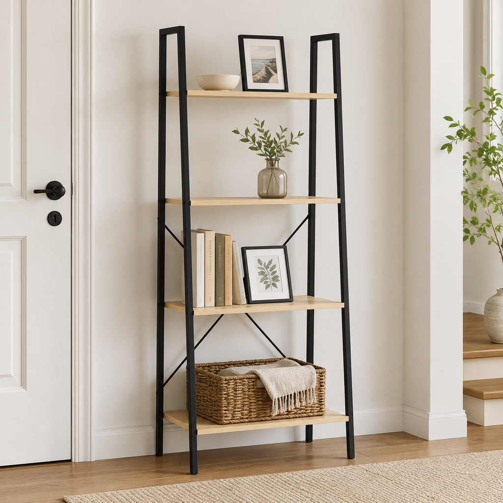 4-Tier Ladder Shelf with Industrial Steel Frame – MDF & Steel, Oak & Black, 60×37.5×145cm