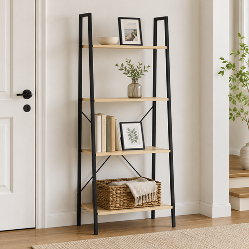 4-Tier Ladder Shelf with Industrial Steel Frame – MDF & Steel, Oak & Black, 60×37.5×145cm