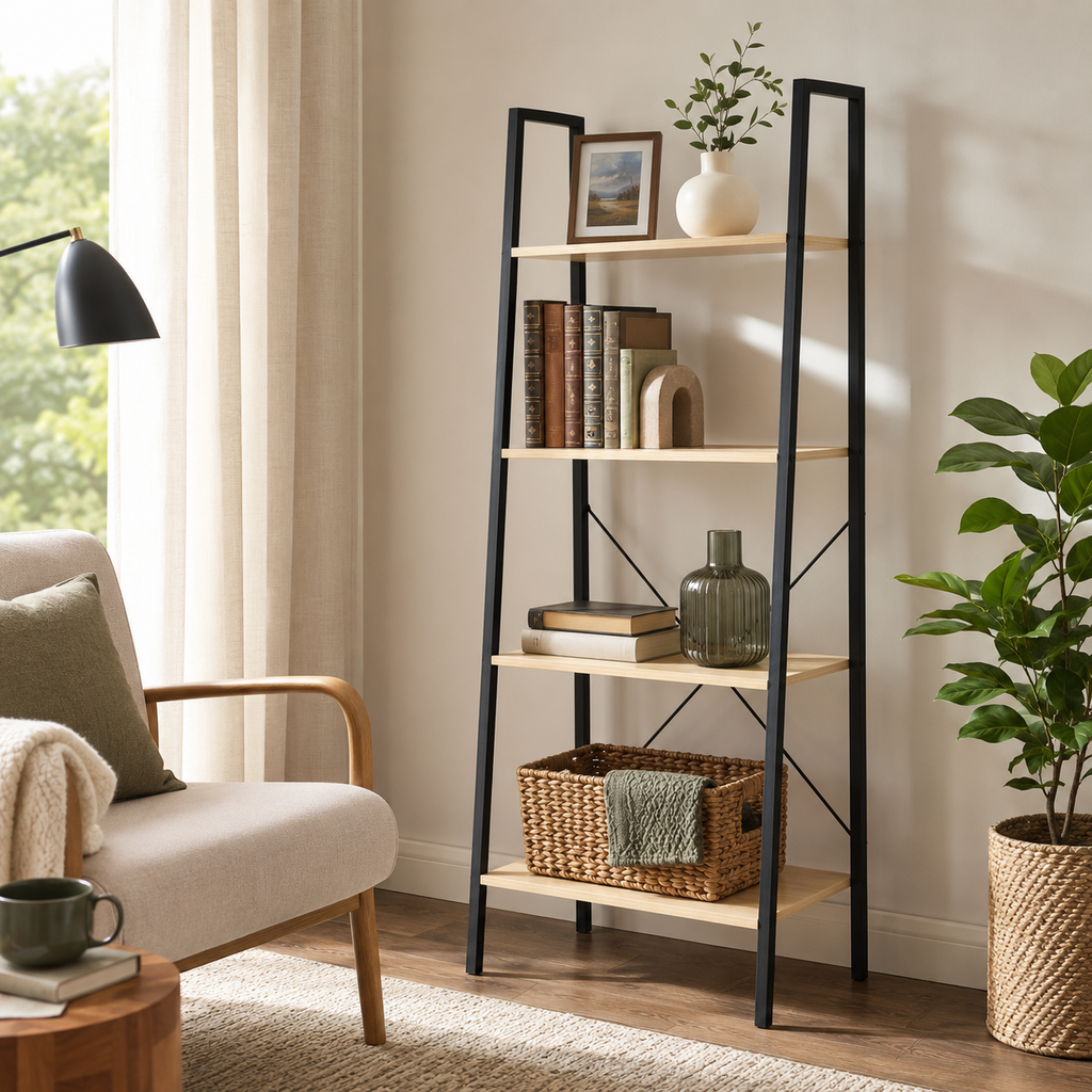 4-Tier Ladder Shelf with Industrial Steel Frame – MDF & Steel, Oak & Black, 60×37.5×145cm