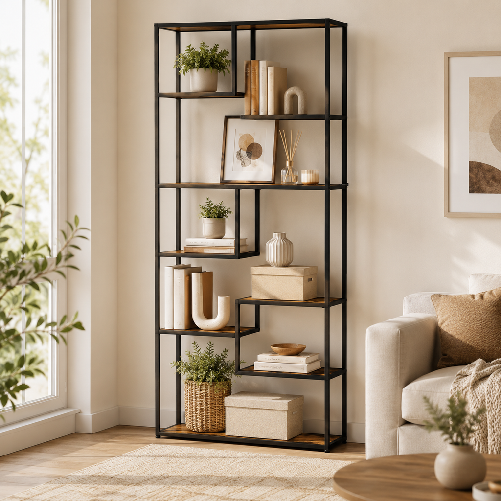 6-Tier Industrial Bookcase with Steel Frame – Particle Board & Steel, Rustic Brown, 83×34×180cm