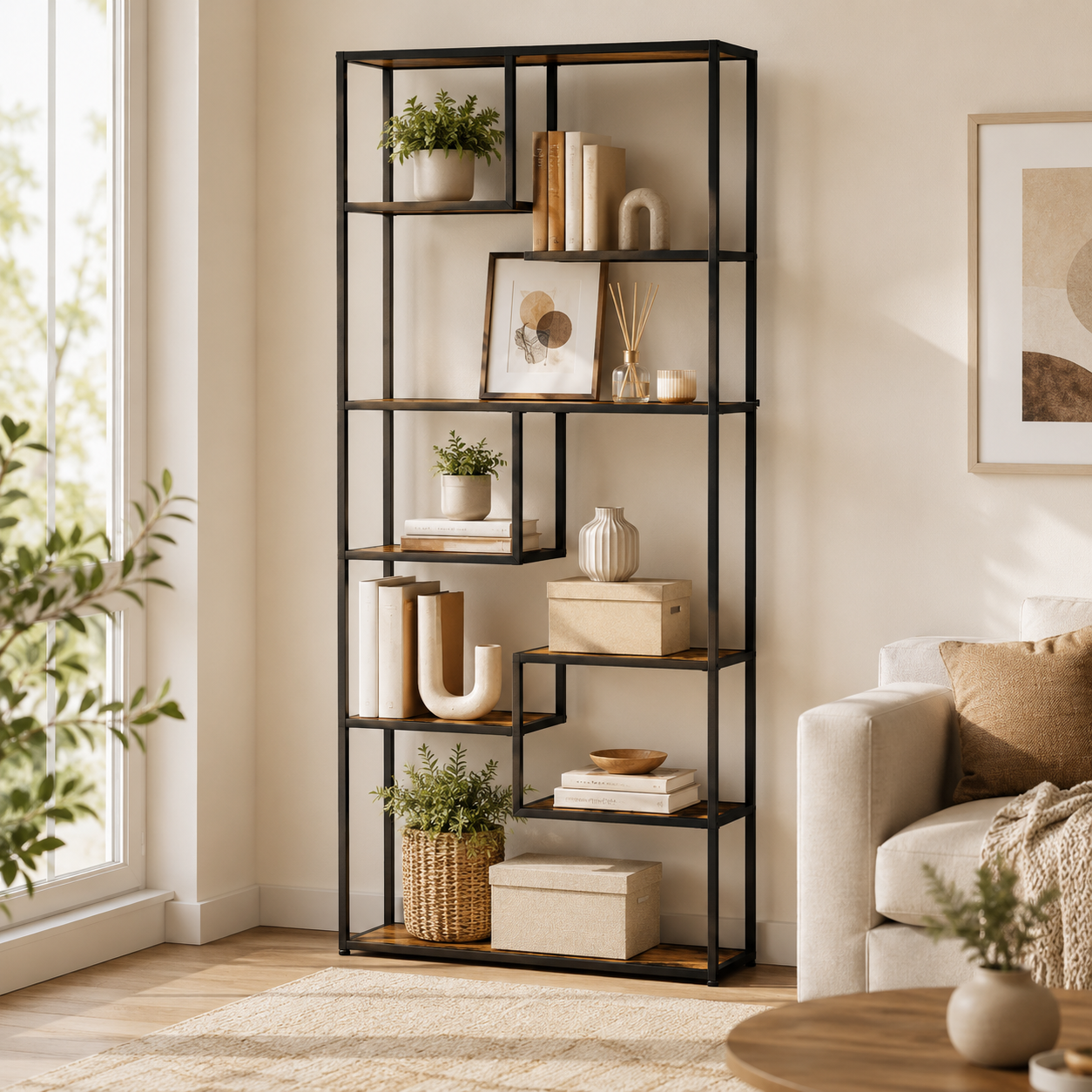 6-Tier Industrial Bookcase with Steel Frame – Particle Board & Steel, Rustic Brown, 83×34×180cm