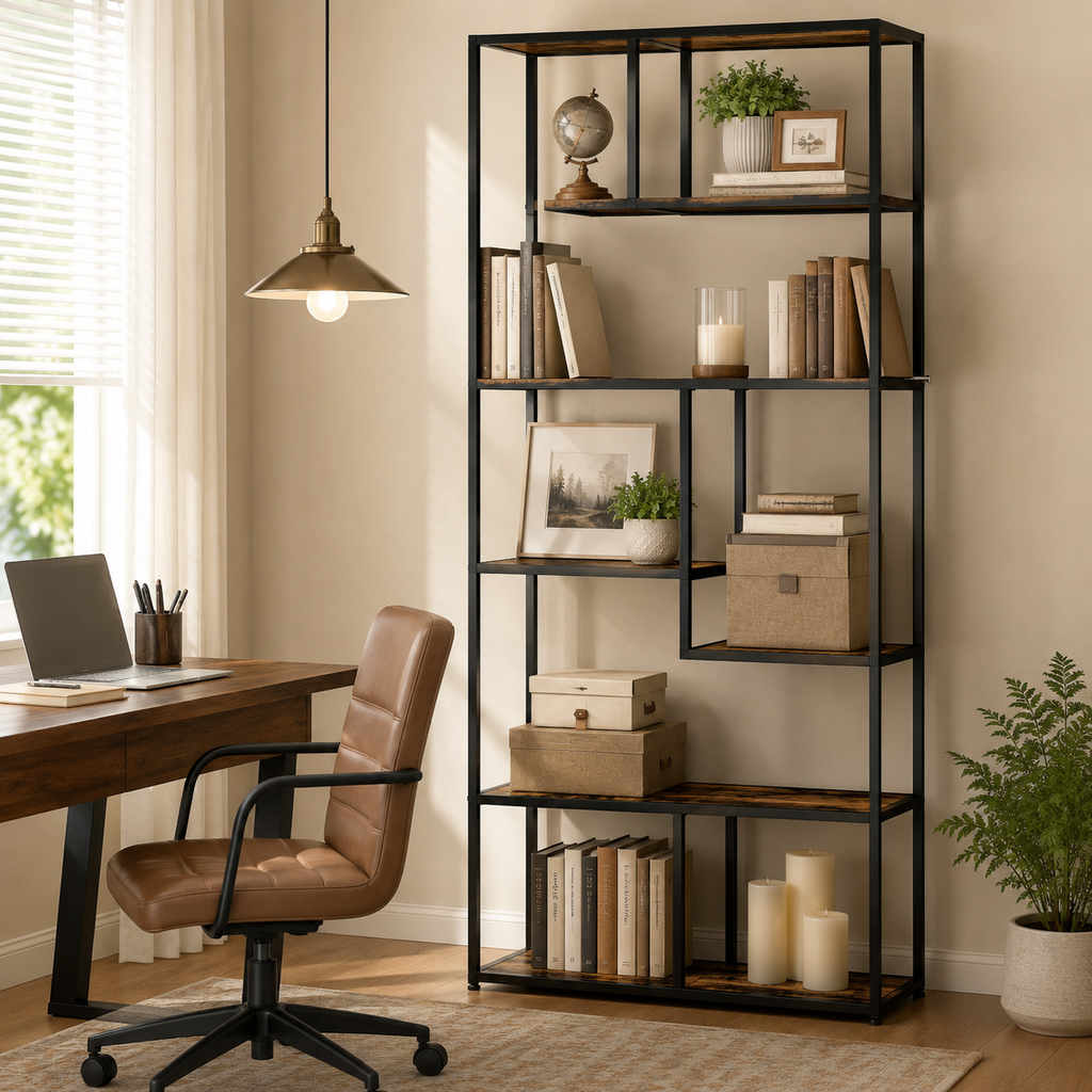 6-Tier Industrial Bookcase with Steel Frame – Particle Board & Steel, Rustic Brown, 83×34×180cm