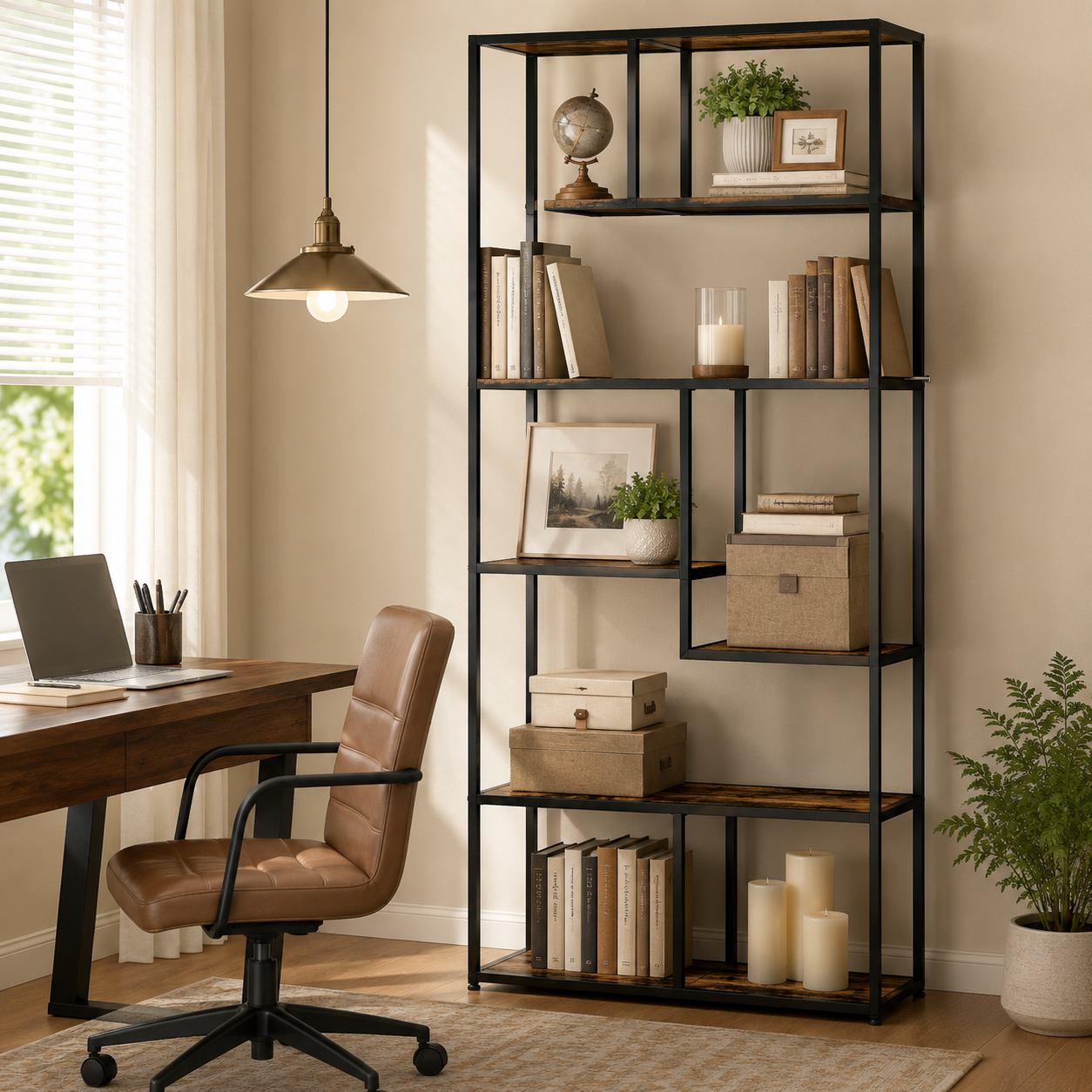 6-Tier Industrial Bookcase with Steel Frame – Particle Board & Steel, Rustic Brown, 83×34×180cm