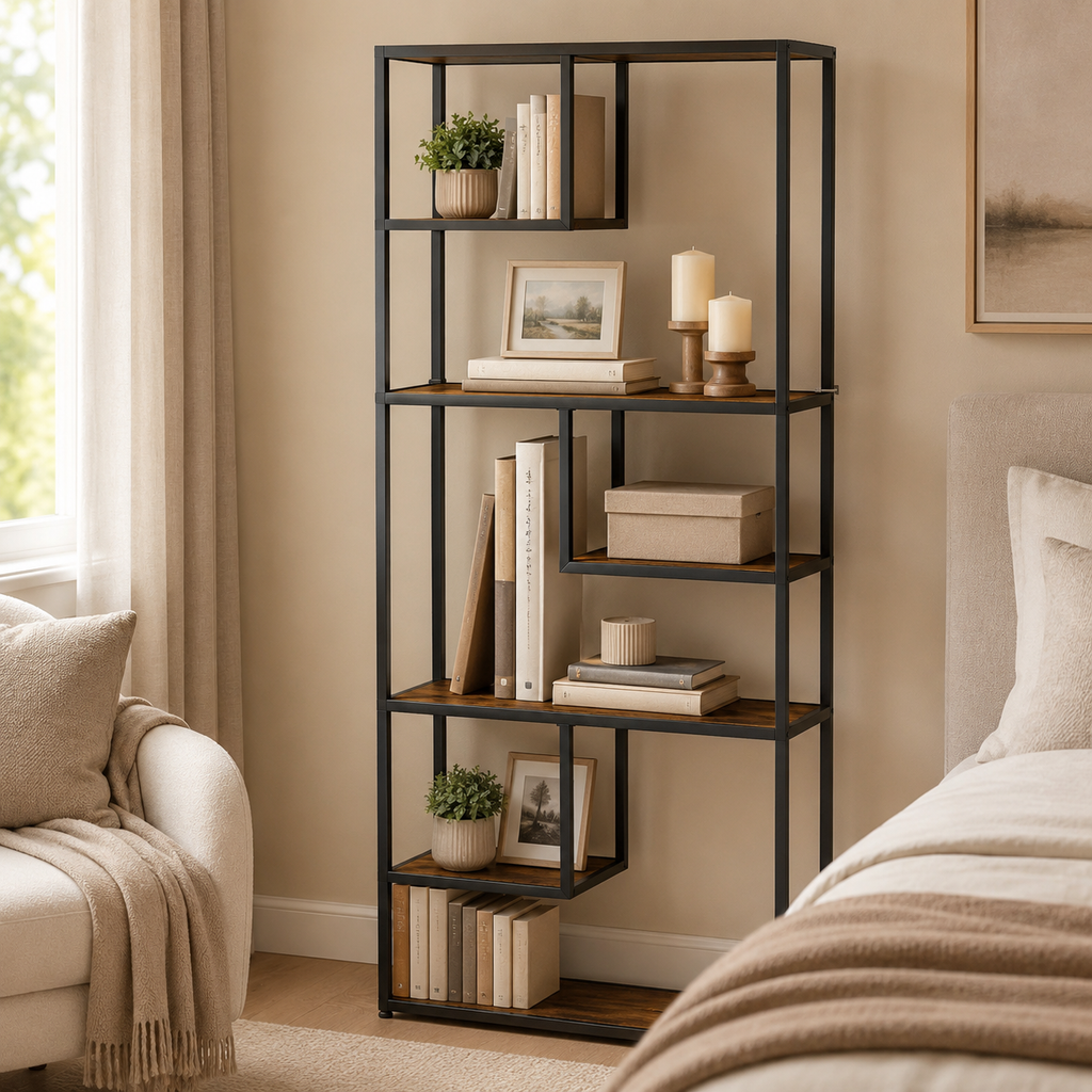 6-Tier Industrial Bookcase with Steel Frame – Particle Board & Steel, Rustic Brown, 83×34×180cm
