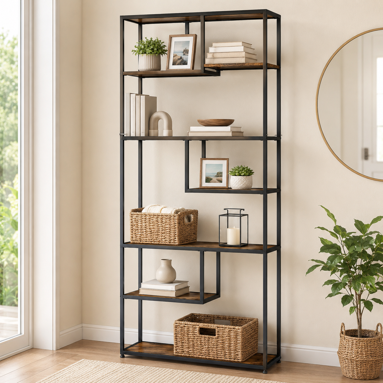 6-Tier Industrial Bookcase with Steel Frame – Particle Board & Steel, Rustic Brown, 83×34×180cm