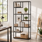 6-Tier Industrial Bookcase with Steel Frame – Particle Board & Steel, Rustic Brown, 83×34×180cm
