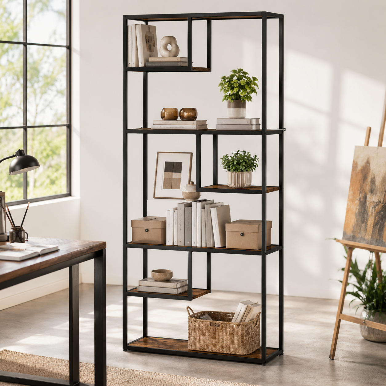 6-Tier Industrial Bookcase with Steel Frame – Particle Board & Steel, Rustic Brown, 83×34×180cm