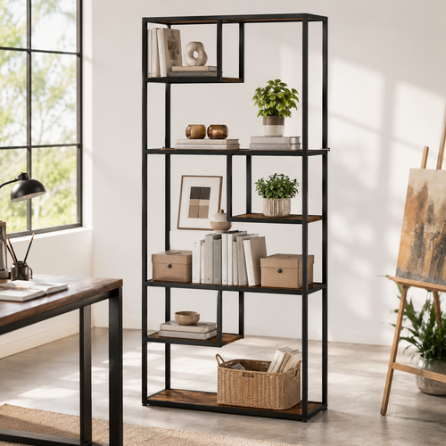 6-Tier Industrial Bookcase with Steel Frame – Particle Board & Steel, Rustic Brown, 83×34×180cm