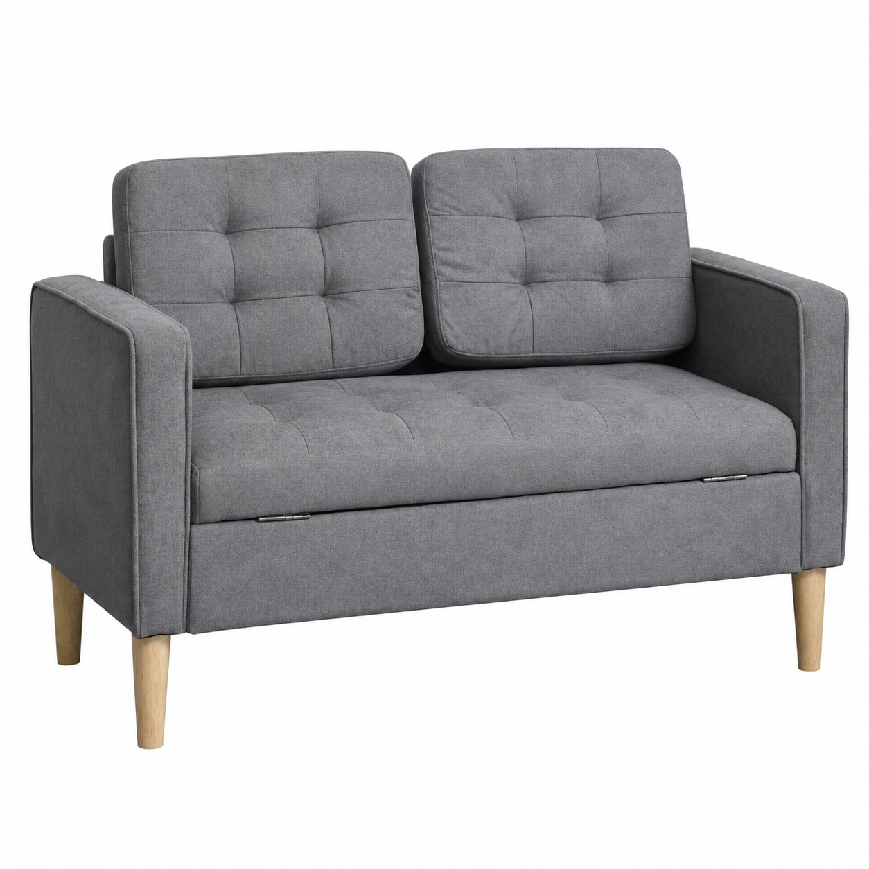 2-Seater Sofa – Hidden Storage, Tufted Cotton, Wood Legs, Grey, 117cm