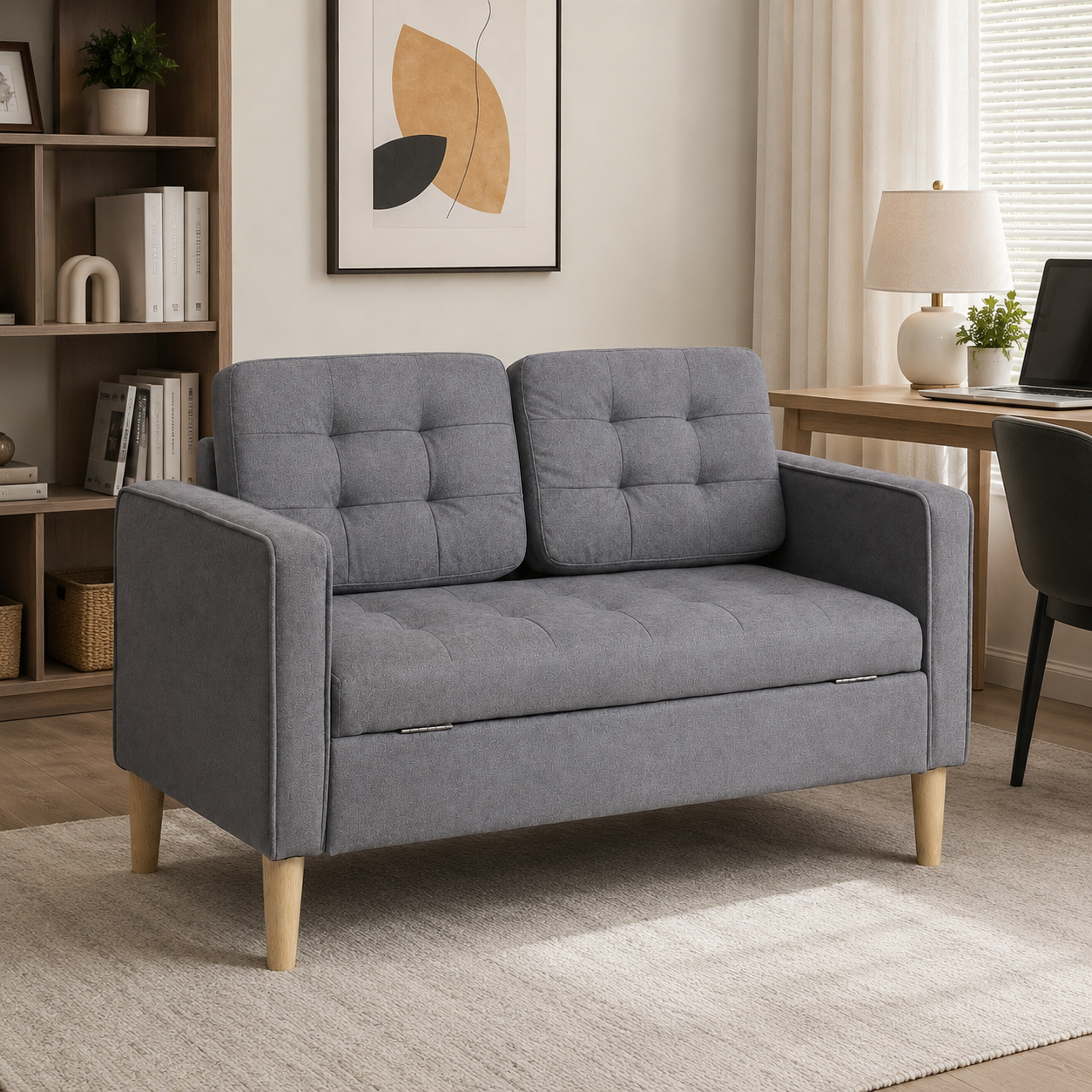 2-Seater Sofa – Hidden Storage, Tufted Cotton, Wood Legs, Grey, 117cm