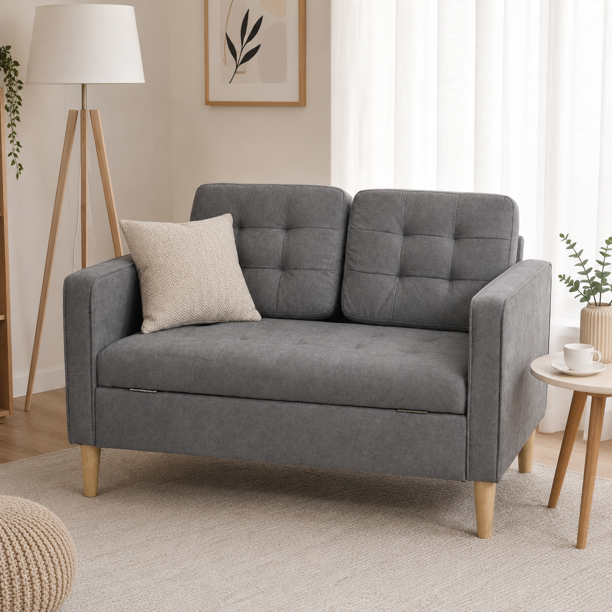 2-Seater Sofa – Hidden Storage, Tufted Cotton, Wood Legs, Grey, 117cm