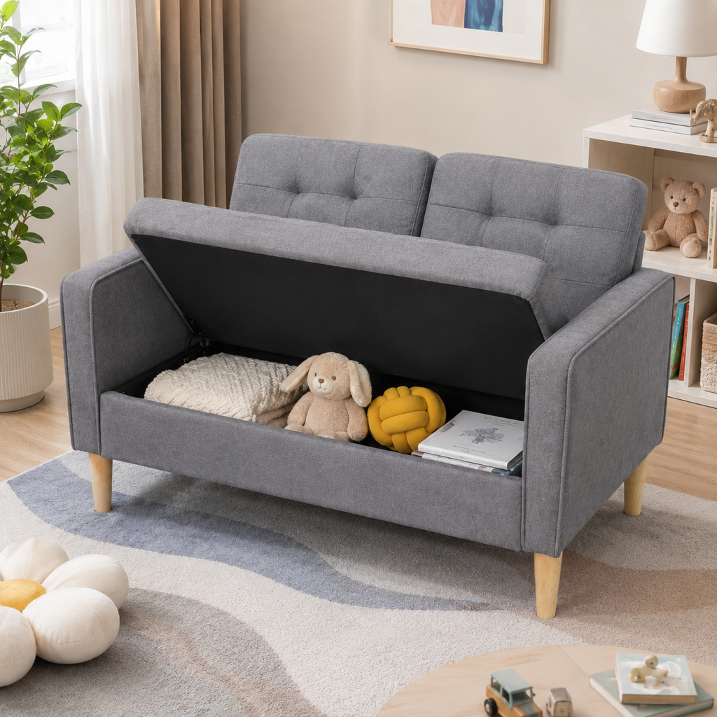 2-Seater Sofa – Hidden Storage, Tufted Cotton, Wood Legs, Grey, 117cm