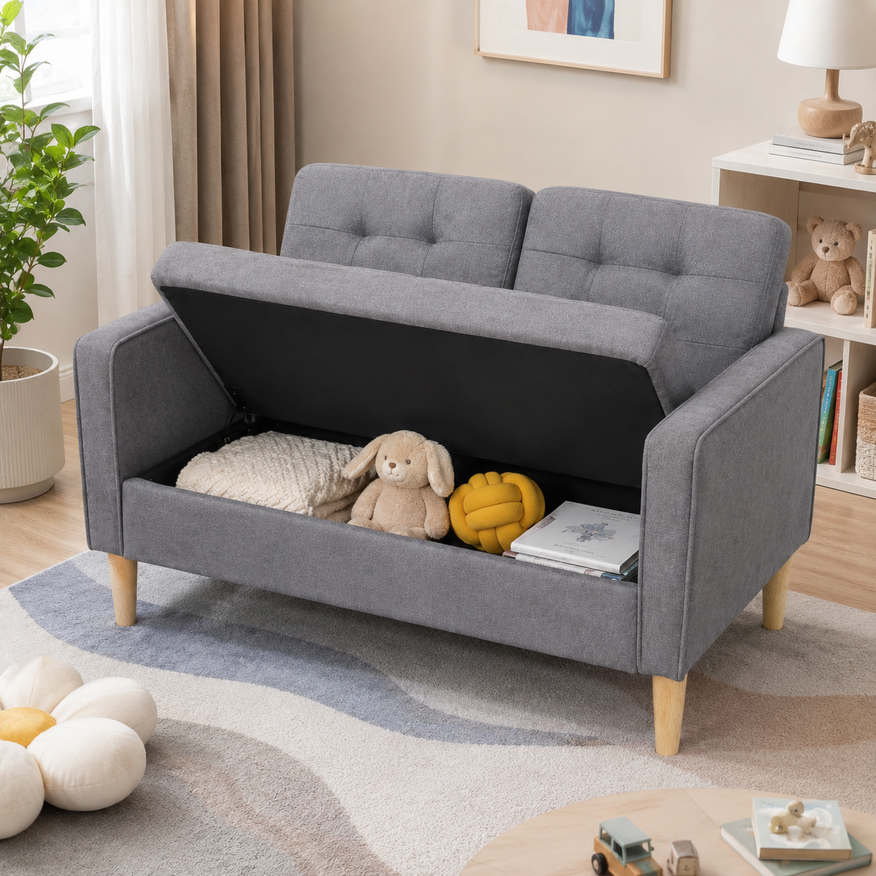2-Seater Sofa – Hidden Storage, Tufted Cotton, Wood Legs, Grey, 117cm