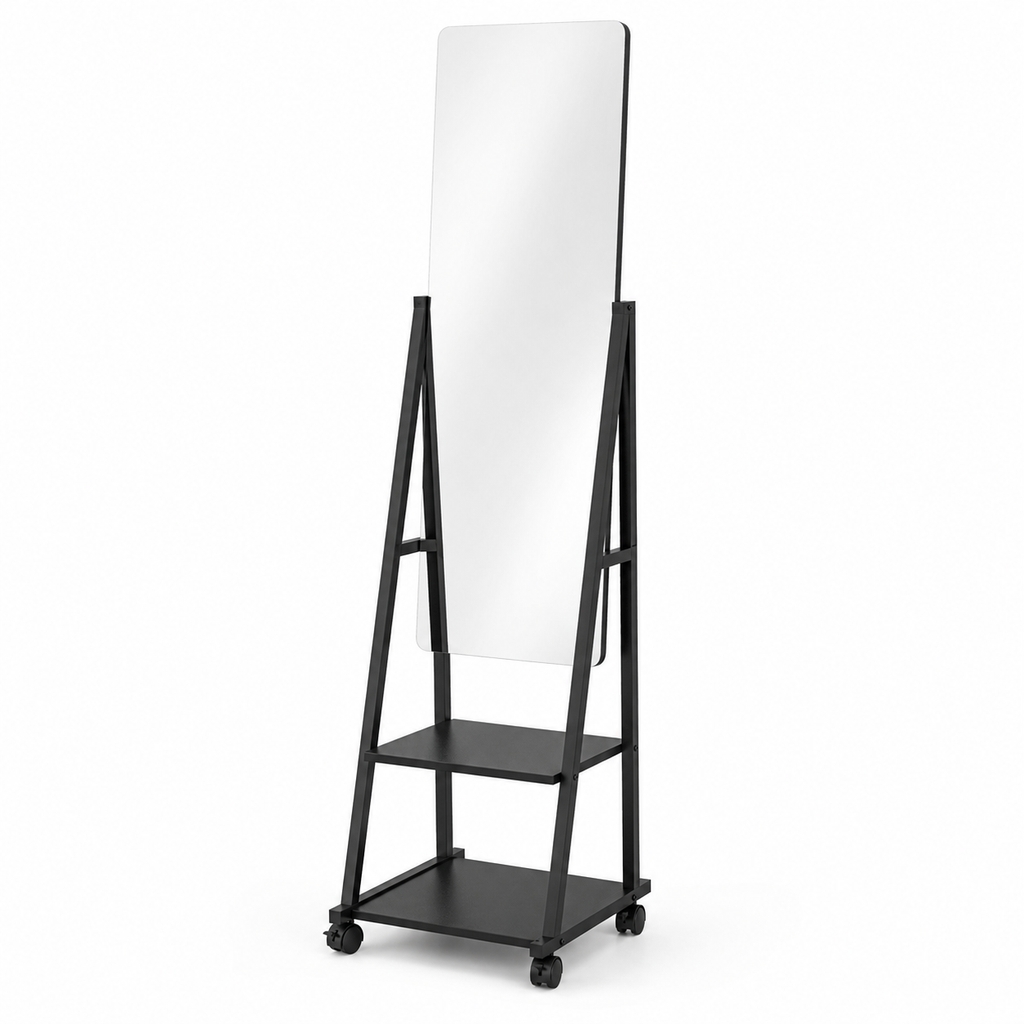 Dressing Mirror Freestanding Rolling – Metal & Glass, Black, 42 × 37 × 155 cm