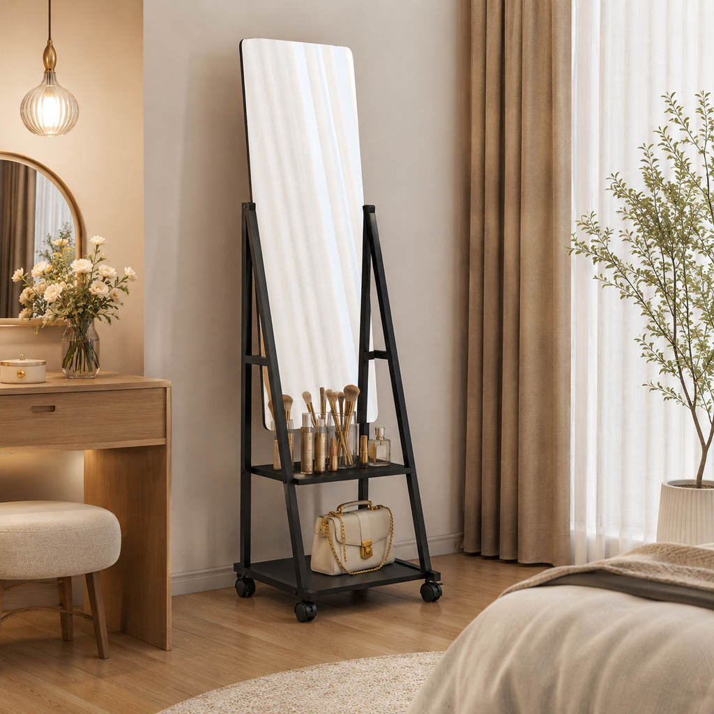 Dressing Mirror Freestanding Rolling – Metal & Glass, Black, 42 × 37 × 155 cm