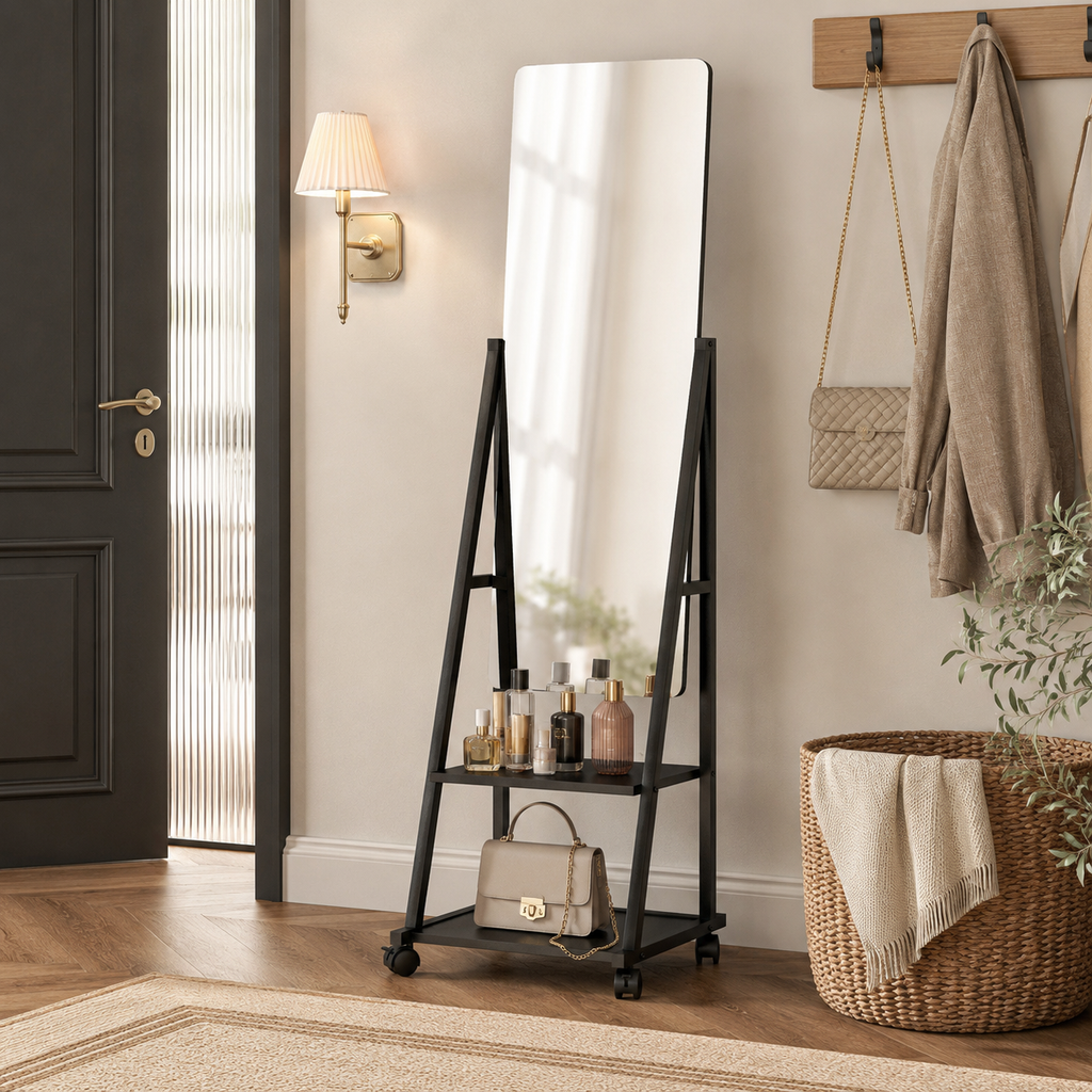 Dressing Mirror Freestanding Rolling – Metal & Glass, Black, 42 × 37 × 155 cm