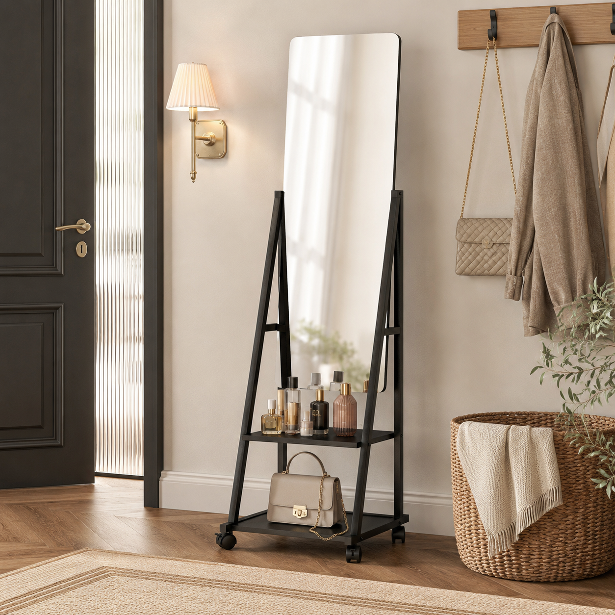 Dressing Mirror Freestanding Rolling – Metal & Glass, Black, 42 × 37 × 155 cm