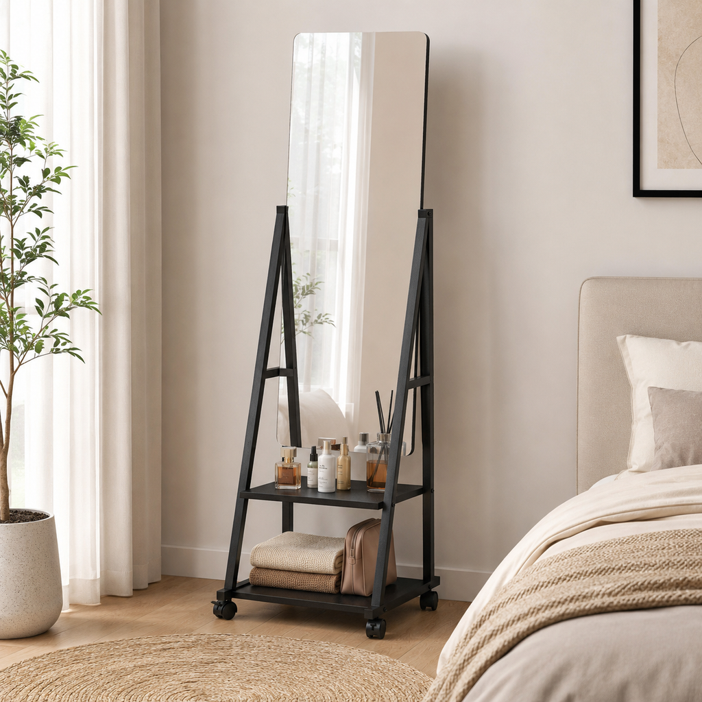 Dressing Mirror Freestanding Rolling – Metal & Glass, Black, 42 × 37 × 155 cm