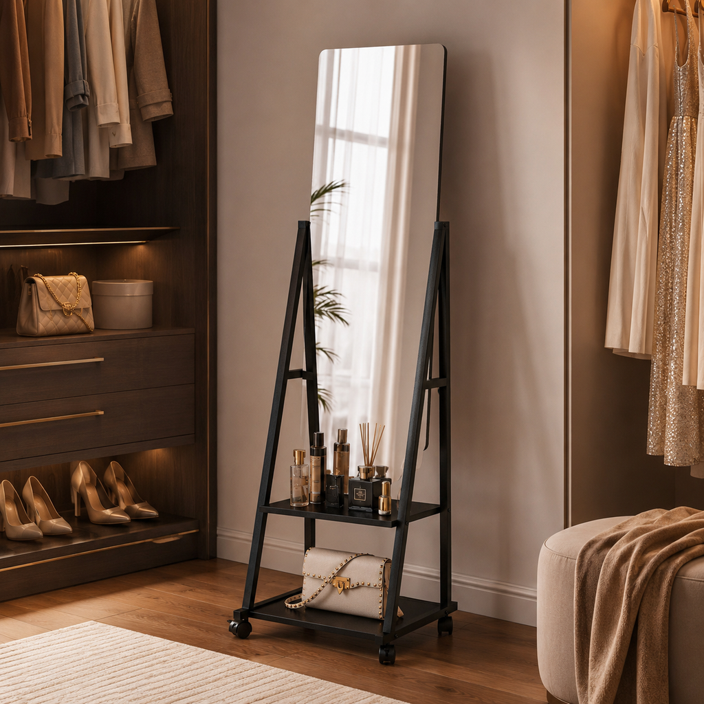 Dressing Mirror Freestanding Rolling – Metal & Glass, Black, 42 × 37 × 155 cm