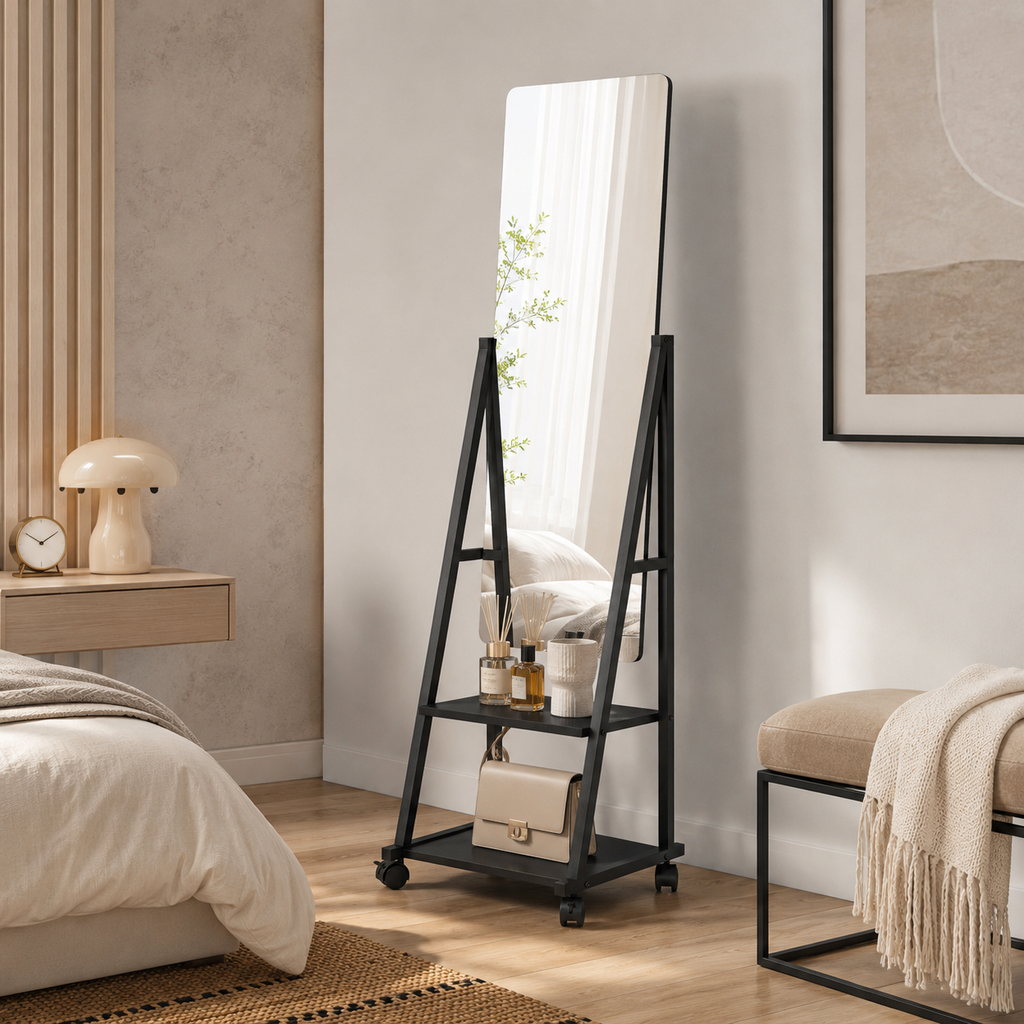 Dressing Mirror Freestanding Rolling – Metal & Glass, Black, 42 × 37 × 155 cm