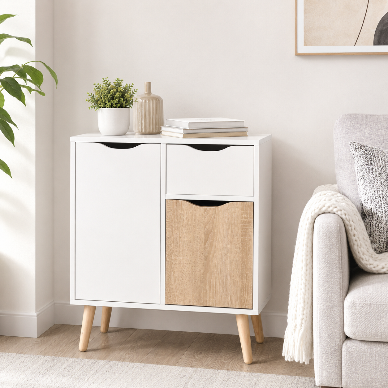 Sideboard Floor Cabinet with Drawer – MDF & Solid Wood Legs, Brown, 60 × 30 × 72 cm