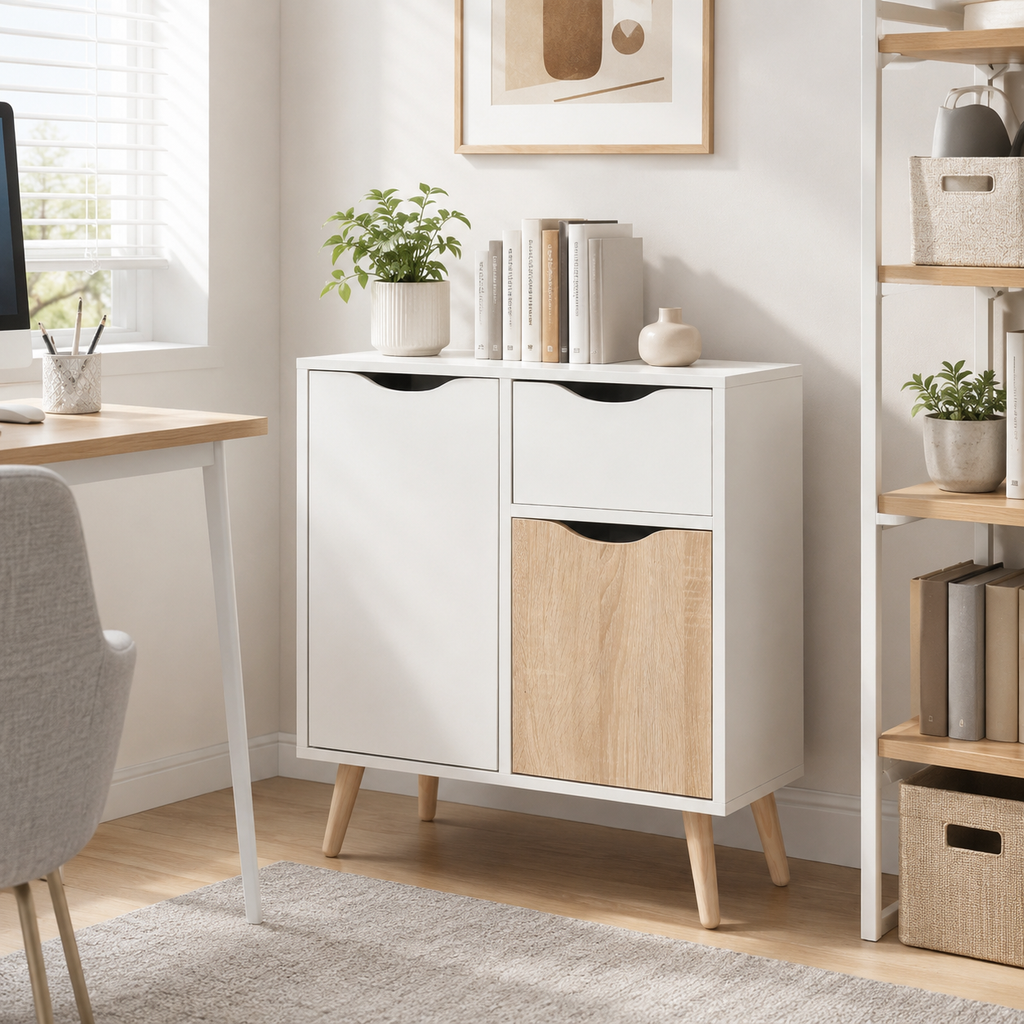 Sideboard Floor Cabinet with Drawer – MDF & Solid Wood Legs, Brown, 60 × 30 × 72 cm